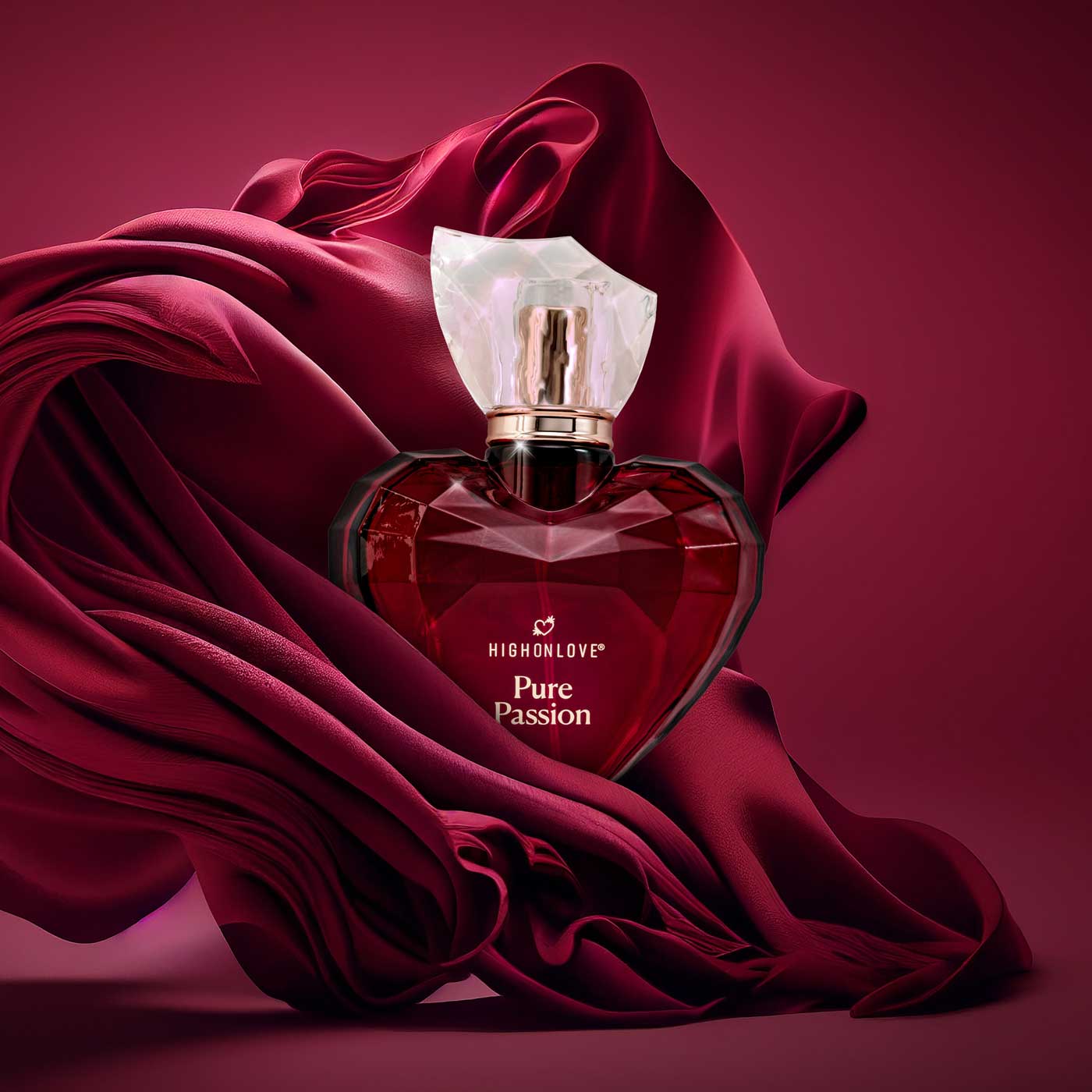 Perfume bottle labeled 'Pure Passion' by HIBONLOVE draped in red fabric on a matching background
